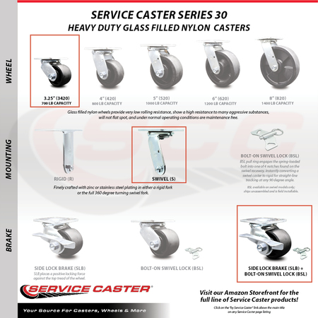 Service Caster 3.25 Inch Glass Filled Nylon Caster Set with 2 Brakes/Swivel Lock 2 Rigid SCC SCC-30CS3420-GFNB-SLB-BSL-2-R-2
